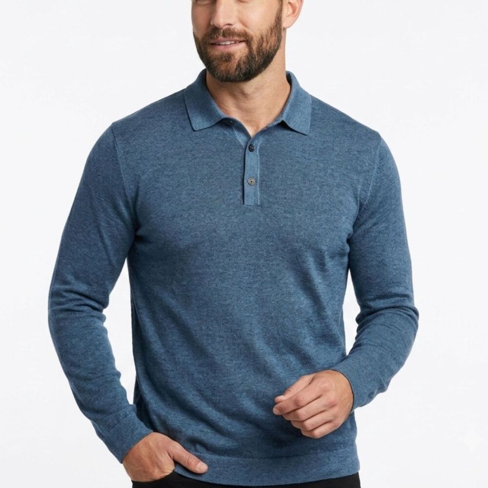 ROBERT BARAKETT Polo Shirt 100% MERINO Wool Long Sleeve Blue Men Size Small NWOT
